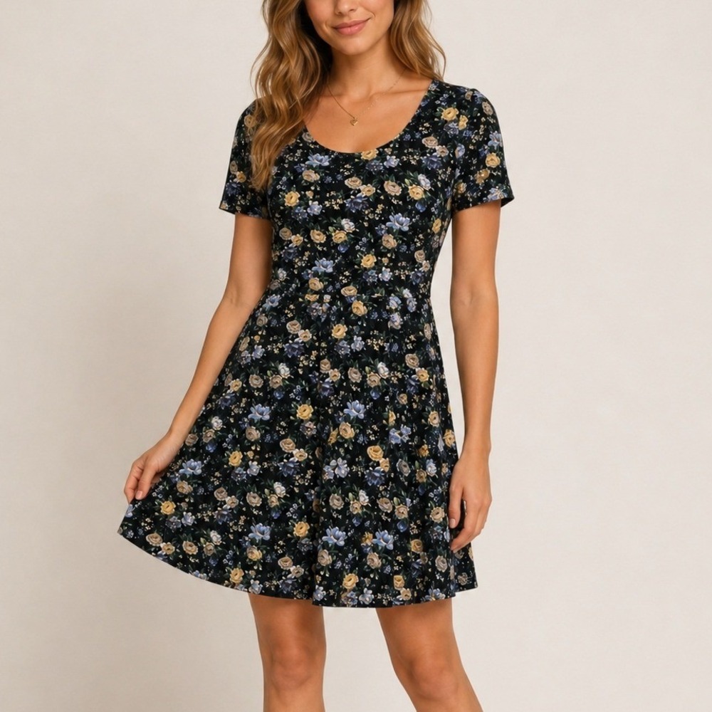Vintage No Boundaries Floral Skater Dress Black Yellow Blue 90s Small Grunge